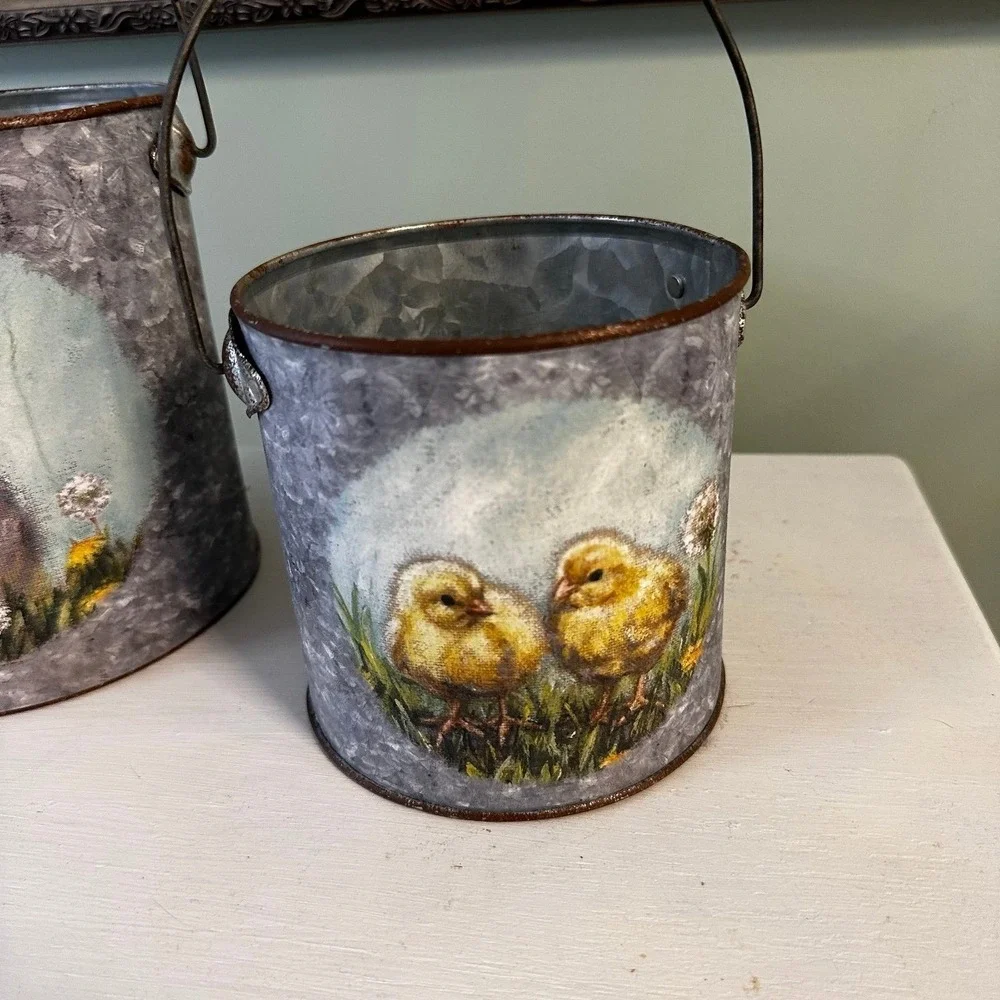 Set of two tin Easter spring decor Primitives by Kathy buckets